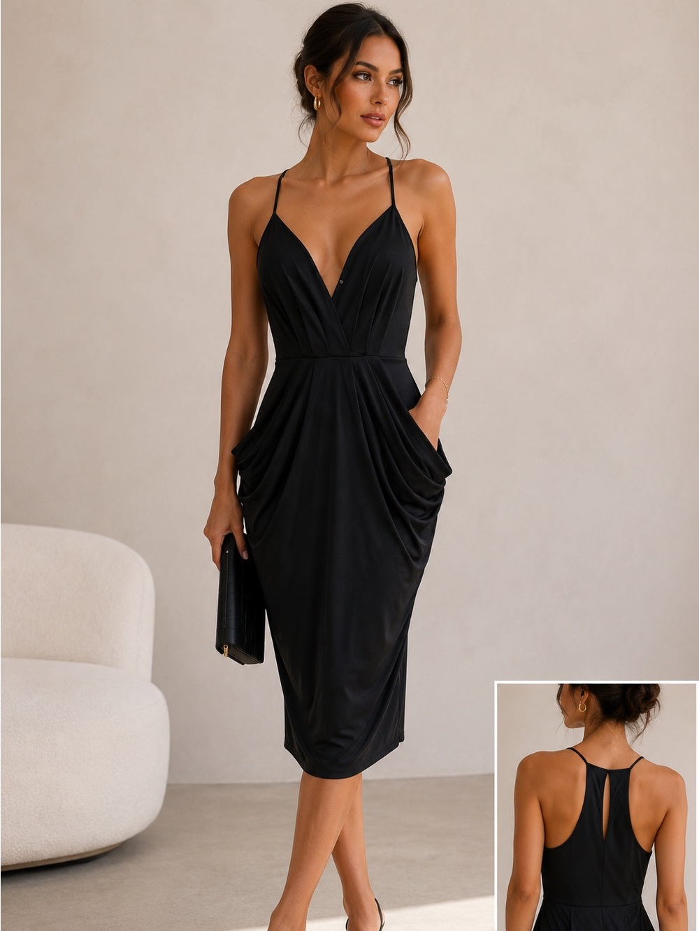 BCBGeneration Black Plunge Neck Draped Cocktail Dress XS